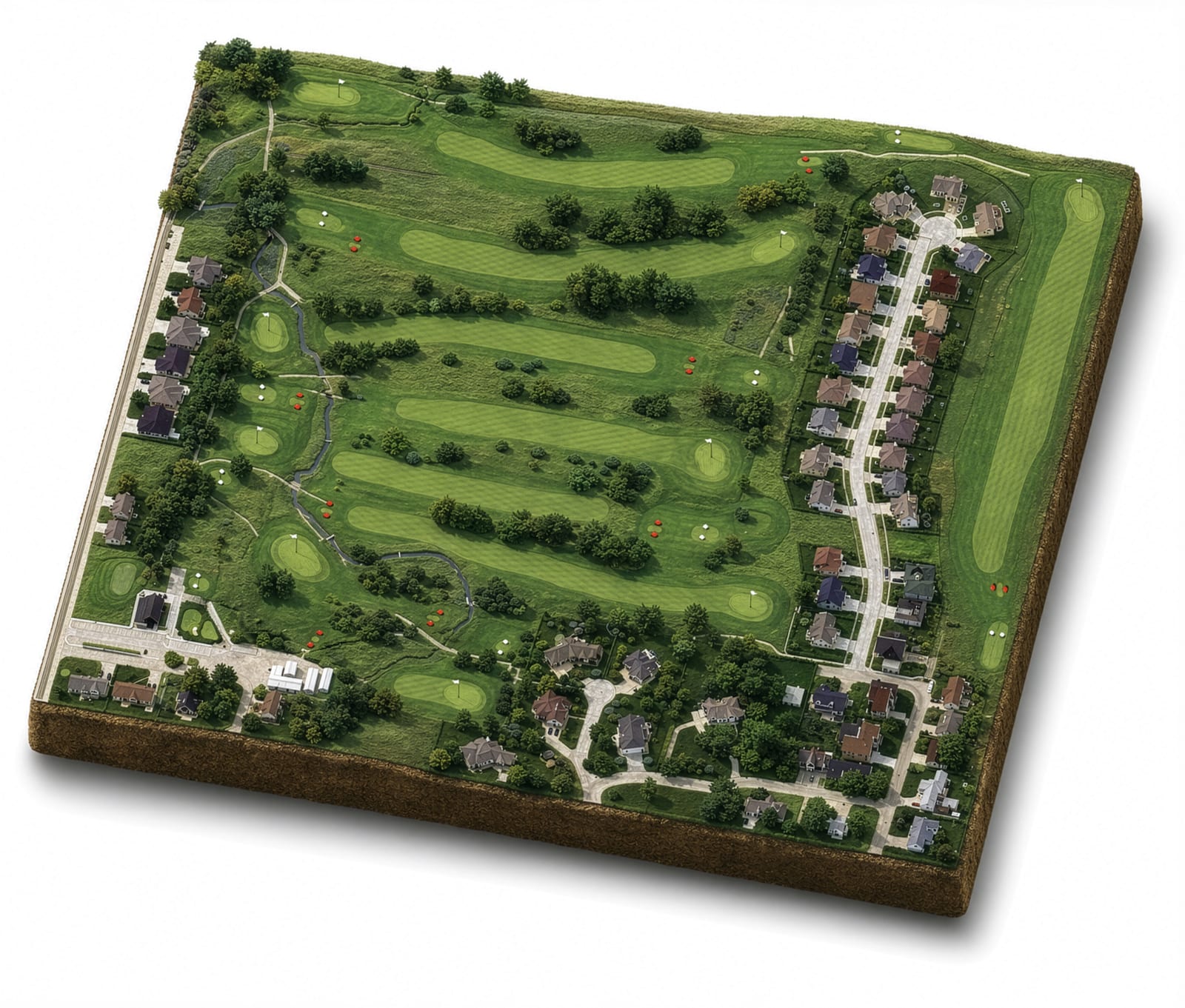 3D illustrated layout of Poco Creek Golf Course in Aurora, Nebraska, with fairways bordered by homes