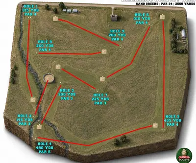 Illustrated layout map of the nine sand-green holes with yardages at Dannebrog Country Club in Dannebrog, Nebraska