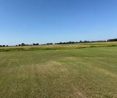 Open fairway bordered by tall native grass under a clear blue sky at Dannebrog Country Club in Dannebrog, Nebraska