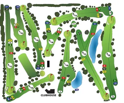 Illustrated nine-hole layout map with two ponds and the clubhouse at Falls City Golf Course in Falls City, Nebraska