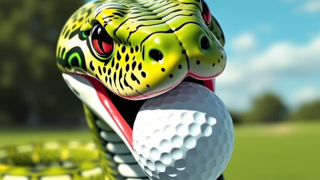 Green snake with red eyes holding a golf ball in its mouth on a sunny lawn. Blurred trees and sky in the background.