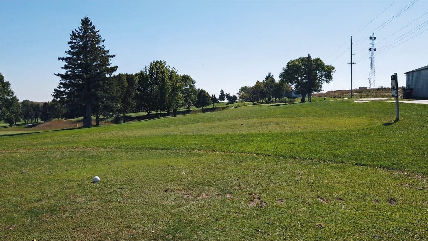 Golf course scene with green grass, scattered trees, and a white golf ball on the ground. Blue sky above, creating a serene atmosphere.  Hole #4 at Gibbon Valley View Golf Course in Gibbon, Nebraska