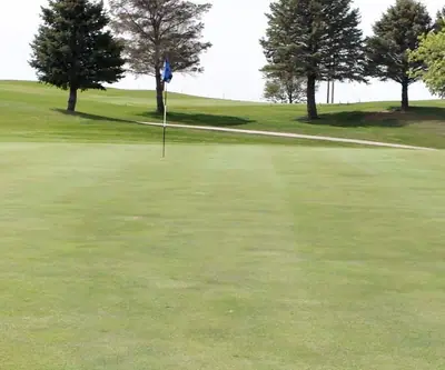 An evergreen framed green at Club 91 Golf Course in Leigh, Nebraska.