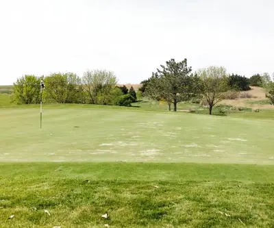 Putting green with flagstick backed by pines, spring trees and grassy hills at Club 91 Golf Course in Leigh, Nebraska