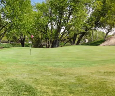 Green with red flag beneath leafy spring trees beside a metal shed at Club 91 Golf Course in Leigh, Nebraska
