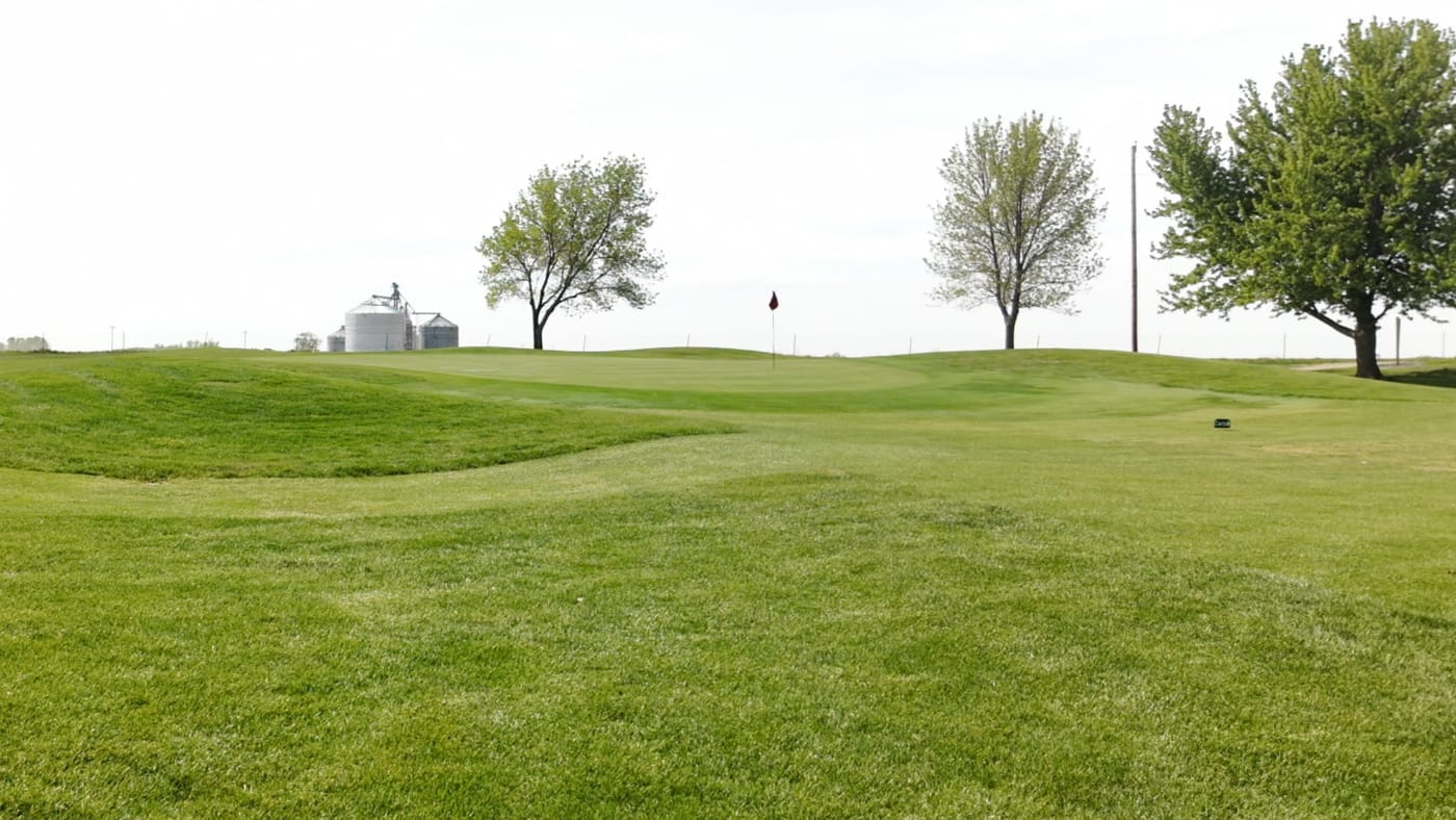 A green set against the grain bins at Club 91 Golf Course in Leigh, Nebraska.