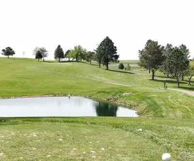 The pond fronting the tee on the long par 3 seventh at Club 91. It looks scarier than it plays. Leigh, Nebraska.