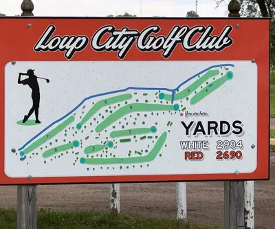 Course map sign showing the nine-hole layout and total yardages at Loup City Golf Club in Loup City, Nebraska