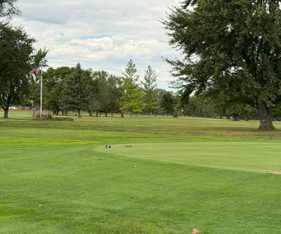 Green with an American flag flying on a pole and tall trees beyond at Loup City Golf Club in Loup City, Nebraska