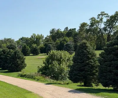 Gravel cart path past evergreen trees toward a flagged green at Shell Creek Valley Golf Course in Newman Grove, Nebraska