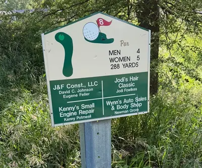 Hole 8 sign showing par and 288 yards beside tall grass at Shell Creek Valley Golf Course in Newman Grove, Nebraska