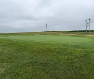 Putting green with a yellow flag under an overcast sky at The Greens At Prairie Hills in Pleasanton, Nebraska