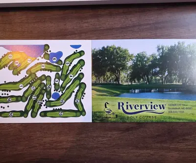 Riverview Golf Course scorecard showing the course map and a pond photo, Scottsbluff, Nebraska